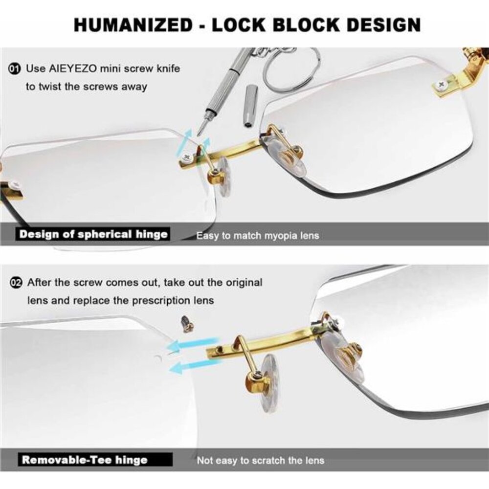 Retro Rimless Sunglasses Rectangle Unisex Vintage Frameless Sun Glasses - Picture 4 of 7